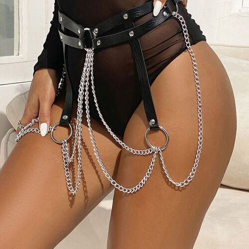 SUBBLIME - CINTURON DE CADENAS ANILLAS CUERO NEGRO TALLA NICA