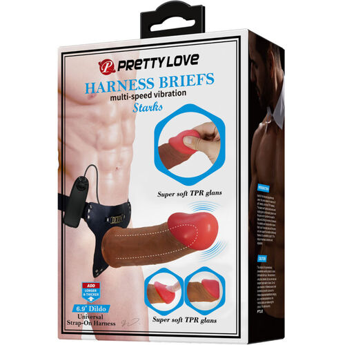 PRETTY LOVE - HARNESS BRIEFS STARKS VIBRACIÓN MULTI-VELOCIDAD DILDO 17,5 CM MULATO