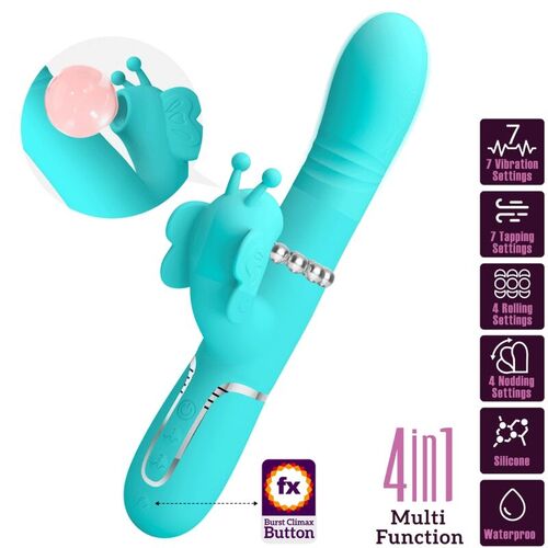 PRETTY LOVE - VIBRADOR RABBIT MULTIFUNCIÓN 4 EN 1 MARIPOSA VERDE AGUA