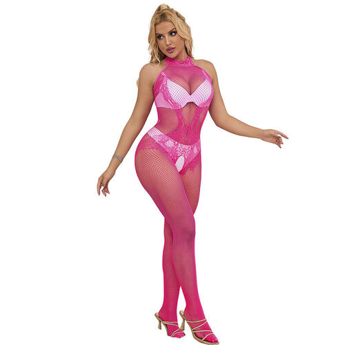 SUBBLIME - 952389 BODYSTOCKING CROTCHLESS DE REJILLA Y ENCAJE CON CUELLO ALTO ROSA TALLA ÚNICA