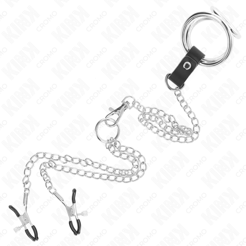 KINK - ANILLO PENE TRIPLE METAL CROMADO 3 CM A 4.5 CM CON CADENA METAL 26 CM Y PINZAS PARA PEZONES