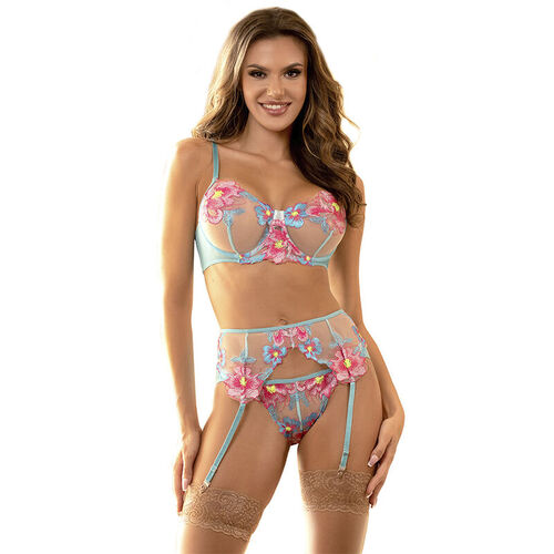 SUBBLIME - 954109 SUJETADOR + PANTIES CON LIGUERO DISEÑO FLORAL AZUL S/M