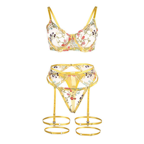 SUBBLIME - 954345 SUJETADOR + TANGA + LIGUEROS DISEÑO FLORAL AMARILLO S/M