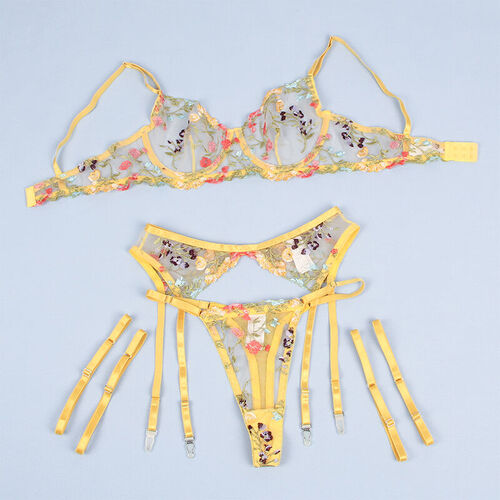 SUBBLIME - 954345 SUJETADOR + TANGA + LIGUEROS DISEÑO FLORAL AMARILLO S/M