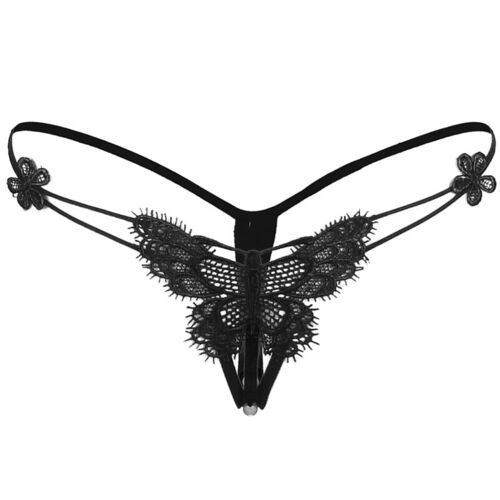 BRUMA SECRET - T120 TANGA DE ENCAJE Y PERLAS FORMA MARIPOSA NEGRO TALLA ÚNICA