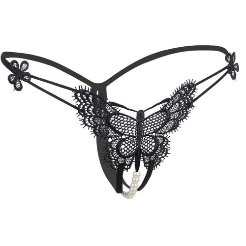 BRUMA SECRET - T120 TANGA DE ENCAJE Y PERLAS FORMA MARIPOSA NEGRO TALLA ÚNICA