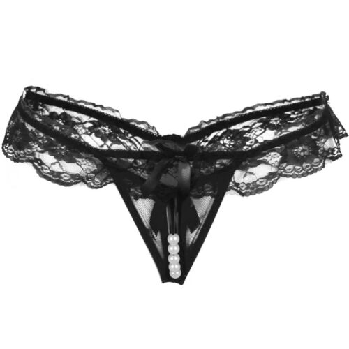 BRUMA SECRET - T130 TANGA DE ENCAJE Y PERLAS CON VOLANTE NEGRO TALLA ÚNICA