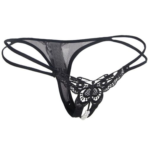 BRUMA SECRET - T140 TANGA DE ENCAJE Y PERLAS FORMA MARIPOSA APERTURA NEGRO TALLA ÚNICA