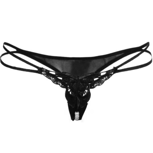 BRUMA SECRET - T140 TANGA DE ENCAJE Y PERLAS FORMA MARIPOSA APERTURA NEGRO TALLA ÚNICA