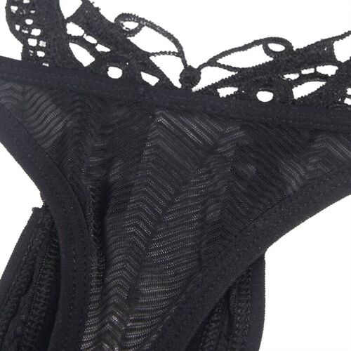 BRUMA SECRET - T140 TANGA DE ENCAJE Y PERLAS FORMA MARIPOSA APERTURA NEGRO TALLA ÚNICA