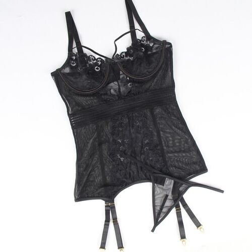 BRUMA SECRET - INGRID BABYDOLL NEGRO DE ENCAJE CON LIGA XS/S