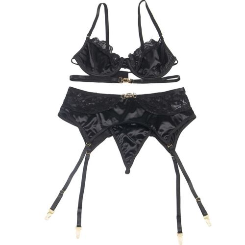 BRUMA SECRET - MAGDA SET TRES PIEZAS SATINADO CON ENCAJE NEGRO XS/S