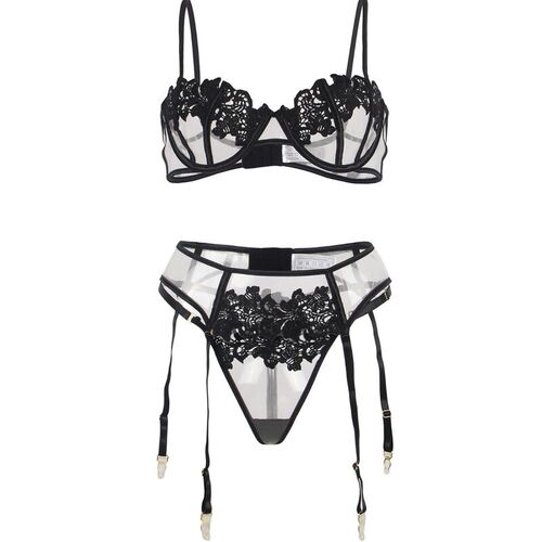 BRUMA SECRET - MARISA SET TRES PIEZAS CON TRANSPARENCIAS Y ENCAJE NEGRO XS/S