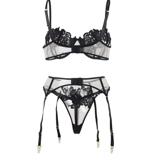 BRUMA SECRET - MARISA SET TRES PIEZAS CON TRANSPARENCIAS Y ENCAJE NEGRO XS/S