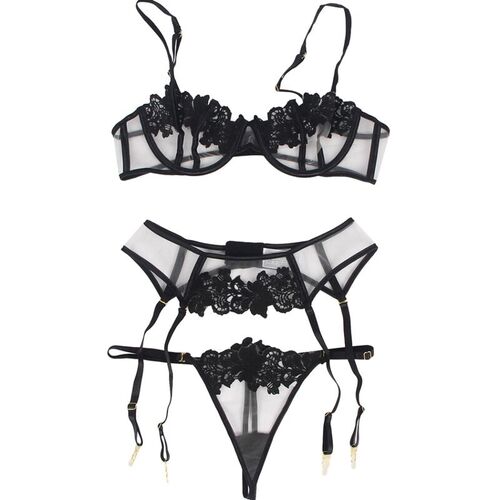 BRUMA SECRET - MARISA SET TRES PIEZAS CON TRANSPARENCIAS Y ENCAJE NEGRO XS/S