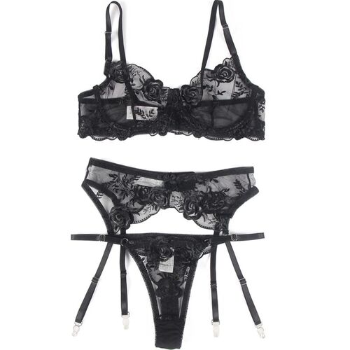 BRUMA SECRET - ELISABETH SET TRES PIEZAS DE ENCAJE ESTAMPADO FLORAL NEGRO XS/S