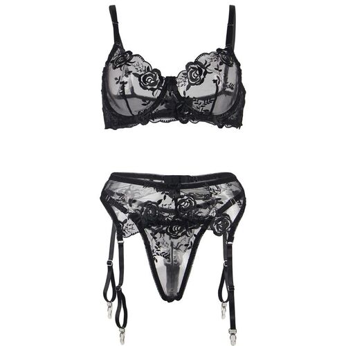 BRUMA SECRET - ELISABETH SET TRES PIEZAS DE ENCAJE ESTAMPADO FLORAL NEGRO XS/S