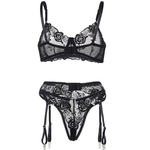 BRUMA SECRET - ELISABETH SET TRES PIEZAS DE ENCAJE ESTAMPADO FLORAL NEGRO XS/S