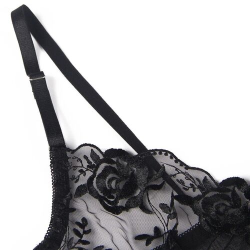 BRUMA SECRET - ELISABETH SET TRES PIEZAS DE ENCAJE ESTAMPADO FLORAL NEGRO XS/S