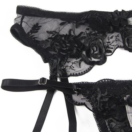 BRUMA SECRET - ELISABETH SET TRES PIEZAS DE ENCAJE ESTAMPADO FLORAL NEGRO XS/S