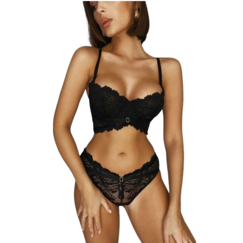 BRUMA SECRET - CAROLINE SET SUJETADOR Y BRAGAS CON TIRAS DE ENCAJE NEGRO XS/S