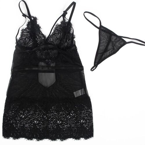 BRUMA SECRET - ROSA BABYDOLL CON ENCAJE AJUSTADO & TANGA NEGRO XS/S