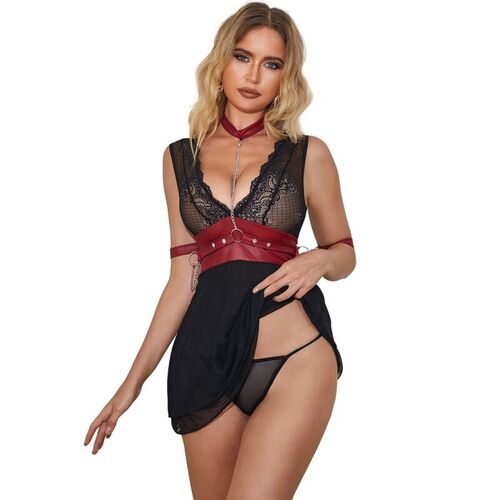 BRUMA SECRET - CATALINA BABYDOLL BONDAGE DE ENCAJE CON ESPOSAS NEGRO XS/S