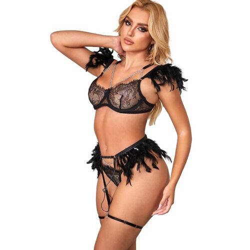 BRUMA SECRET - CAMILA SET TRES PIEZAS DE ENCAJE CON DETALLE PLUMAS NEGRO XS/S