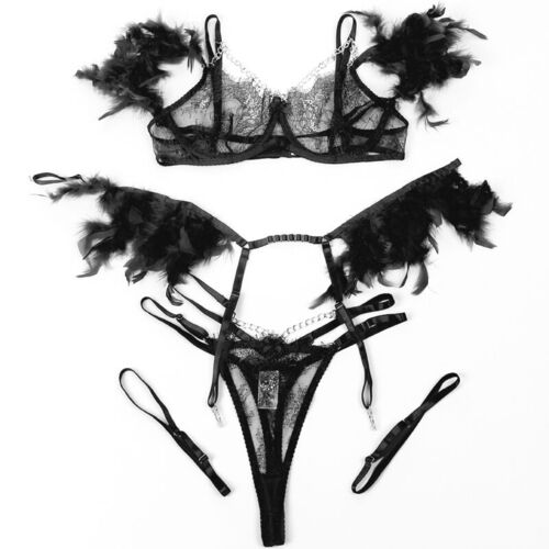 BRUMA SECRET - CAMILA SET TRES PIEZAS DE ENCAJE CON DETALLE PLUMAS NEGRO XS/S