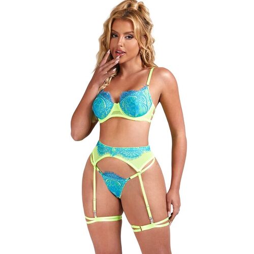 BRUMA SECRET - AURORA SET TRES PIEZAS DE ENCAJE FLUOR AZUL & AMARILLO XS/S