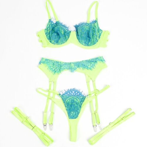 BRUMA SECRET - AURORA SET TRES PIEZAS DE ENCAJE FLUOR AZUL & AMARILLO XS/S