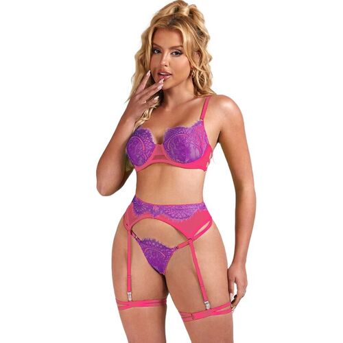 BRUMA SECRET - AURORA SET TRES PIEZAS DE ENCAJE FLUOR VIOLETA & ROSA XS/S