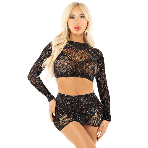 LEG AVENUE - TOP + FALDA DE REJILLA CON BRILLANTES NEGRO