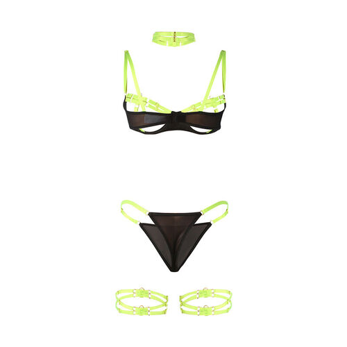 SUBBLIME - 955274 SET SUJETADOR CON COLLAR Y DETALLES PARA PIERNAS VERDE FLUORESCENTE S/M