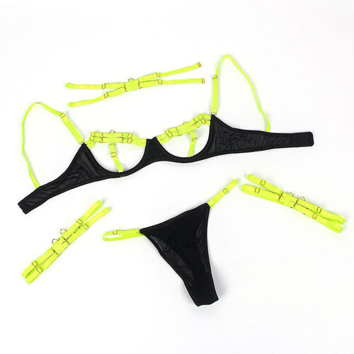 SUBBLIME - 955274 SET SUJETADOR CON COLLAR Y DETALLES PARA PIERNAS VERDE FLUORESCENTE S/M