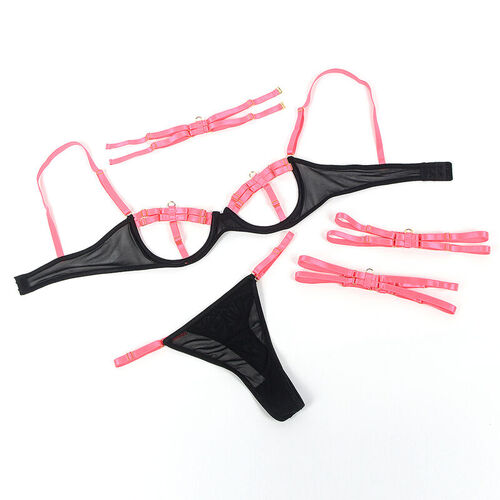 SUBBLIME - 955298 SET SUJETADOR CON COLLAR Y DETALLES PARA PIERNAS ROSA FLUORESCENTE S/M