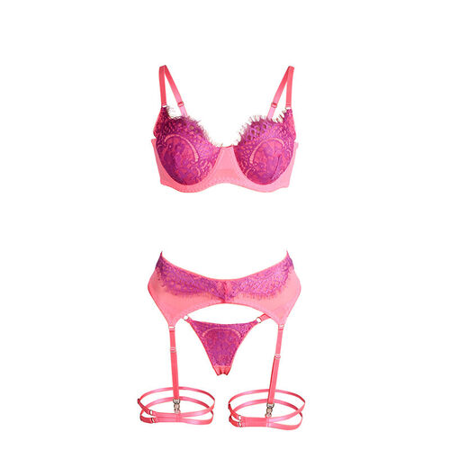 SUBBLIME - 955359 SET SUJETADOR CON ENCAJE Y LIGUEROS ROSA Y MORADO S/M