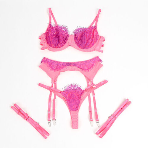 SUBBLIME - 955359 SET SUJETADOR CON ENCAJE Y LIGUEROS ROSA Y MORADO S/M