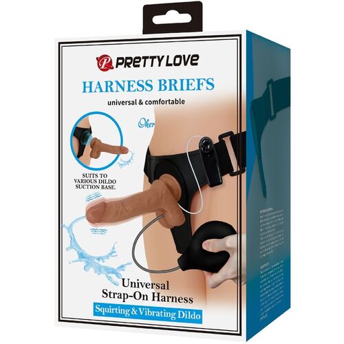 PRETTY LOVE - HARNESS BRIEFS UNIVERSAL CON DILDO VIBRACIÓN Y SQUIRTING 15.5 CM MULATO