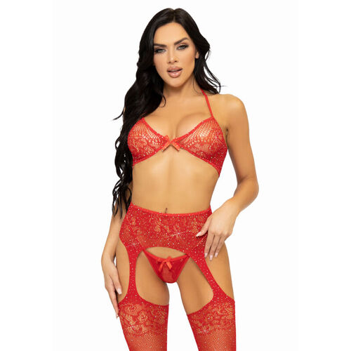 LEG AVENUE - SET TRES PIEZAS SUJETADOR, TANGA Y MEDIAS TALLA UNICA - ROJO